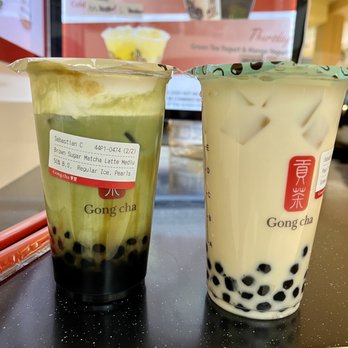 Gong Cha - [left to right] brown sugar matcha latte with boba & milk foam - medium; green milk tea with boba - medium - Bubble Tea Near Me - Elmhurst, New York