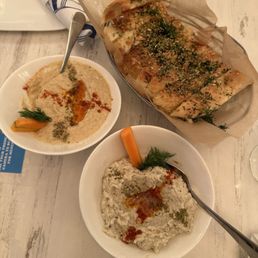 Hummus (left) (from lunch special); Babaganoush (right) (from another lunch special); Turkish Bread that comes with the dips