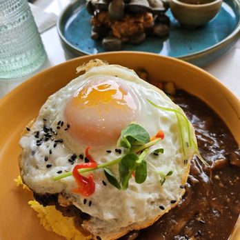 Glass Kitchen - The OG (Chuck, Hanger & Brisket Patty , Sunny Side Egg, Mushroom Gravy, Yuzu Cucumber, Pickled Daikon. - Breakfast & Brunch Near Me - Markham, Ontario