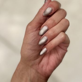 The Nailtural - Gel-X full set (short, almond) with silver cat eye polish ($10 extra) - Nail Salons Near Me - Temecula, California The Nailtural - Gel-X full set (short, almond) with silver cat eye polish ($10 extra) - Nail Salons Near Me - Temecula, California