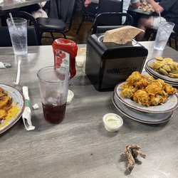 The Downtown Grill - Sad potato skins, fried mushrooms, and fried pickles.