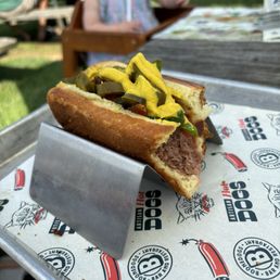 Beyond Sausage with pickled jalapeño, grilled peppers, & mustard