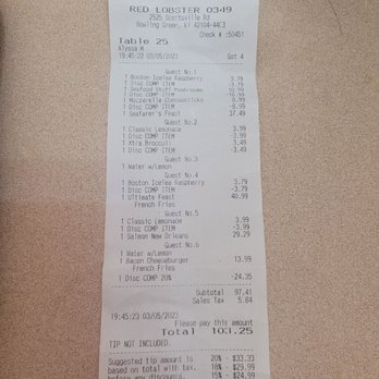 Red Lobster - Our total bill - Seafood Near Me - Bowling Green, Kentucky