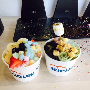ICICLES - Matcha tea on the right with roasted marshmallow, and other toppings. Vanilla custard on the left with Michu and fresh fruit toppings. - Ice Cream & Frozen Yogurt Near Me - Cupertino, California ICICLES - Matcha tea on the right with roasted marshmallow, and other toppings. Vanilla custard on the left with Michu and fresh fruit toppings. - Ice Cream & Frozen Yogurt Near Me - Cupertino, California