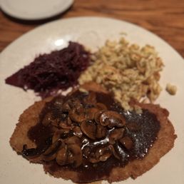 Jaeger schnitzel with spatzle and red cabbage Jaeger schnitzel with spatzle and red cabbage