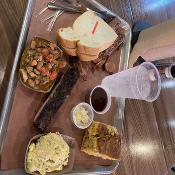 The Pit Room - Memorial - The 3 meat with an extra side. - Barbeque Near Me - Houston, Texas The Pit Room - Memorial - The 3 meat with an extra side. - Barbeque Near Me - Houston, Texas