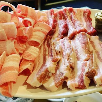 Han Joo Chik Naeng Myun & BBQ - Some of the medium pork combo: thinly sliced pork, medium and thick pork and green tea pork! - Korean Near Me - Flushing, New York