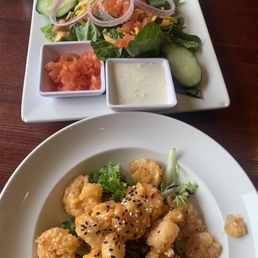 Shrimp appetizer and a side salad