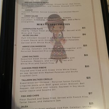 Mikuna Grill - Menu as of Dec 2018 - Peruvian Near Me - Angel Fire, New Mexico