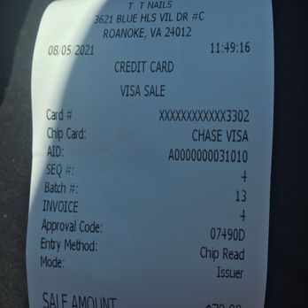 T&T Nails - Receipt. $70 gel pedicure and manicure, before tip. - Nail Salons Near Me - Roanoke, Virginia T&T Nails - Receipt. $70 gel pedicure and manicure, before tip. - Nail Salons Near Me - Roanoke, Virginia