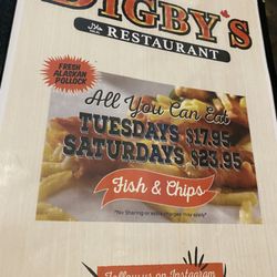 Digby's Restaurant - Menu - all-you-can-eat fish and chips (Alaskan pollock) on Tuesdays and Saturdays