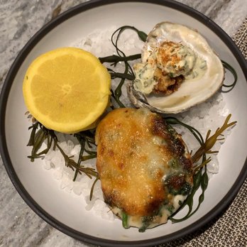 Bludorn - Bottom: roasted oyster, top right: fried oyster. - New American Near Me - Houston, Texas