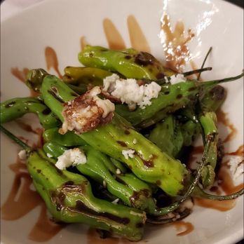 Solera Bar & Tasting Room - Padrones - blisted shishito peppers with balsamic drizzle and queso fresco cheese - Tapas Bars Near Me - Baton Rouge, Louisiana
