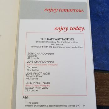 Ram's Gate Winery - The Gateway Tasting, $40 per person, 4 wines to taste. You can add on The Board or The Sweet Finish for an additional fee. - Wineries Near Me - Sonoma, California