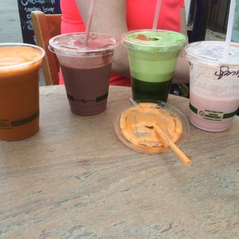 Juice Wave - From the left: The Hangover, XOXO, Liquid Emerald, and Spring Fling - Juice Bars & Smoothies Near Me - San Diego, California Juice Wave - From the left: The Hangover, XOXO, Liquid Emerald, and Spring Fling - Juice Bars & Smoothies Near Me - San Diego, California