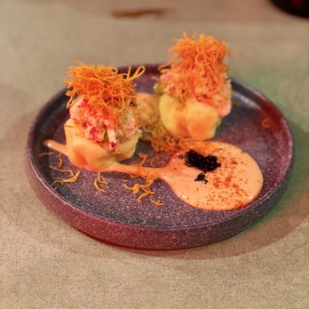 Tiradito - Lobster causa with aji amarillo, maple emulsion, avocado, and tobiko - Peruvian Near Me - Montreal, Quebec