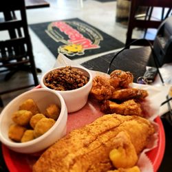 Alleanas - Trio founder shrimp wings fried okra and hoppin John's