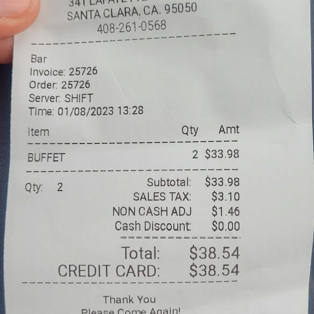 Deedee's - Receipt for 2. - Buffets Near Me - Santa Clara, California Deedee's - Receipt for 2. - Buffets Near Me - Santa Clara, California