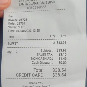 Deedee's - Receipt for 2. - Buffets Near Me - Santa Clara, California