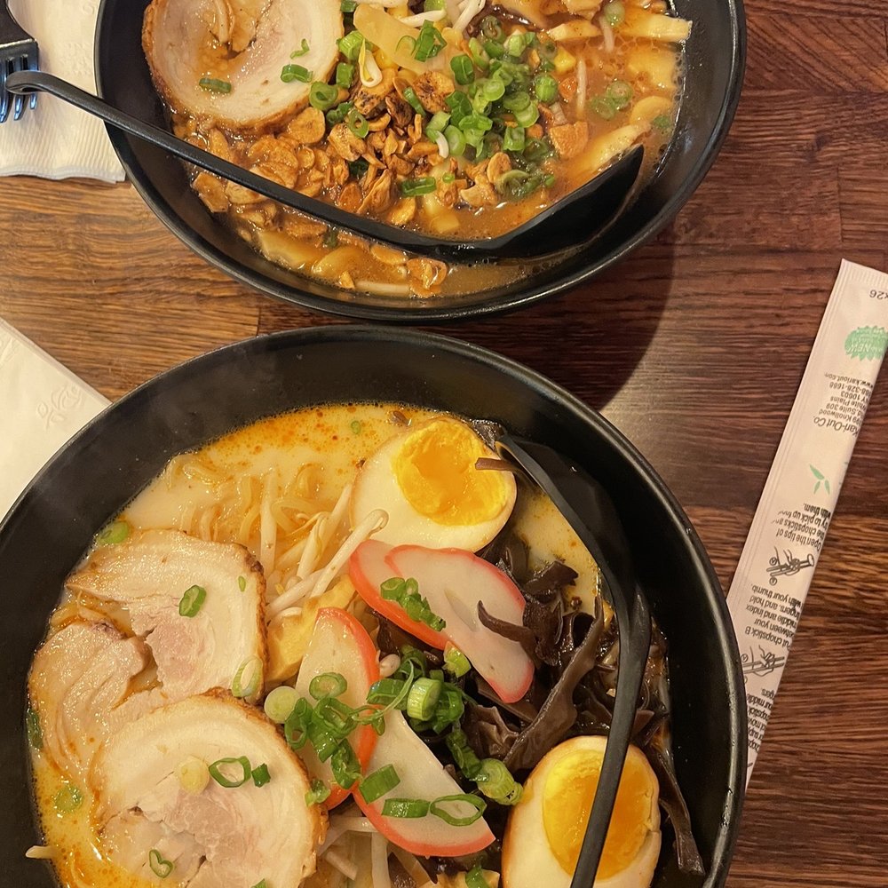 Ramen 101 - Non spicy shoyu ramen with black garlic and chashu Mild spicy tonkotsu ramen with classic toppings and chashu - Ramen Near Me - Castro Valley, California