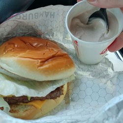 Wendy's - Single with cheese and a kids size chocolate Frosty.