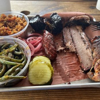 Hurtado Barbecue - Mexican Rice, Green Beans, Burnt Ends, Jalapeño sausage, brisket, and Texas Twinkie - Barbeque Near Me - Arlington, Texas