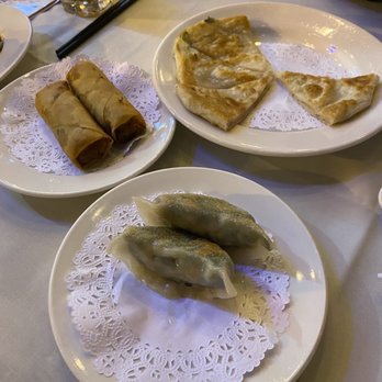 Dim Sum Palace - Scallion Pancake Shredded,  Roast Duck Spring Roll 2 Pcs, Pork and Chive Dumplings 3 Pcs -- all fine, not overly impressive - Dim Sum Near Me - New York, New York