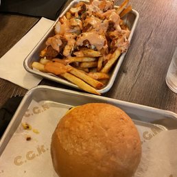 Sweet and spicy fries with 'merica style burger with gluten free bun