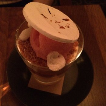 Perry St - Rhubarb lychee trifle with rhubarb sorbet - New American Near Me - New York, New York Perry St - Rhubarb lychee trifle with rhubarb sorbet - New American Near Me - New York, New York