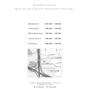 Cypress Innovative Breast Care Center - No call‑center delays. Intentionally designed for access. Walk‑ins welcome. - Diagnostic Imaging Near Me - Cypress, Texas Cypress Innovative Breast Care Center - No call‑center delays. Intentionally designed for access. Walk‑ins welcome. - Diagnostic Imaging Near Me - Cypress, Texas