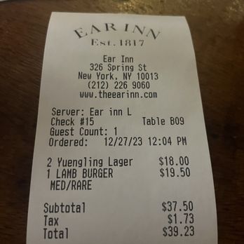 The Ear Inn - Receipt - Bars Near Me - New York, New York The Ear Inn - Receipt - Bars Near Me - New York, New York