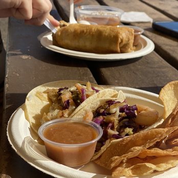 Island Taco - Front plate is the shrimp tacos and back plate is the chimichanga. - Hawaiian Near Me - Waimea, Hawaii Island Taco - Front plate is the shrimp tacos and back plate is the chimichanga. - Hawaiian Near Me - Waimea, Hawaii