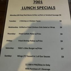 7001 Sports Bar & Grill - Food Specials Menu