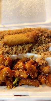 Photo of Burger Win - Atlanta, GA, US. Sesame chicken, fried rice, and egg roll