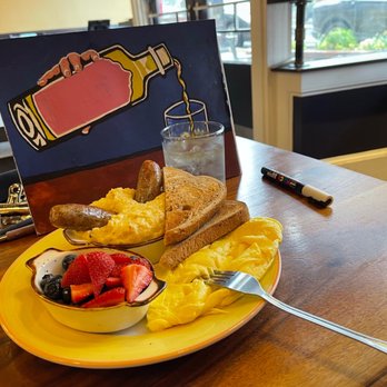 Honeycomb Cafe - Cheese Grits sausages eggs fruit toast - New American Near Me - Belmont, North Carolina
