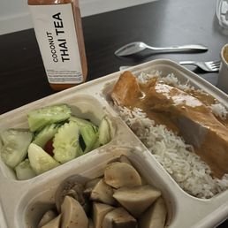Grilled Salmon with Panang Curry (GF) Cucumber Salad (GF/Vegan) Mushrooms Grilled Salmon with Panang Curry (GF) Cucumber Salad (GF/Vegan) Mushrooms