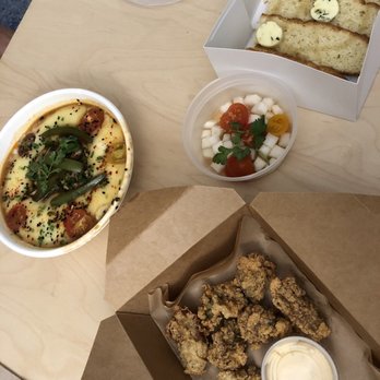 Kjun - Galbi Grillades Grits; Fried Oysters with Yuzu Tabasco Aioli and Tomato Kimchi; Cornbread with Jalapeno Honey Butter - Korean Near Me - New York, New York Kjun - Galbi Grillades Grits; Fried Oysters with Yuzu Tabasco Aioli and Tomato Kimchi; Cornbread with Jalapeno Honey Butter - Korean Near Me - New York, New York