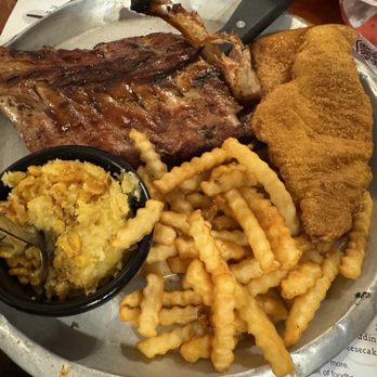 Shiver's BBQ - Fried catfish and baby back combo (sides: Cornbread Soufflé and fries) - Barbeque Near Me - Homestead, Florida Shiver's BBQ - Fried catfish and baby back combo (sides: Cornbread Soufflé and fries) - Barbeque Near Me - Homestead, Florida