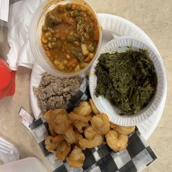 White Swan Bar-B-Q & Fried Chicken - Pork BBQ, Fried shrimp, greens and Brunswick stew