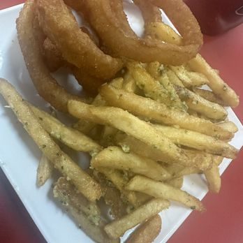 Boulevard Burger - 1/2 garlic fries and 1/2 onion rings - Burgers Near Me - San Leandro, California