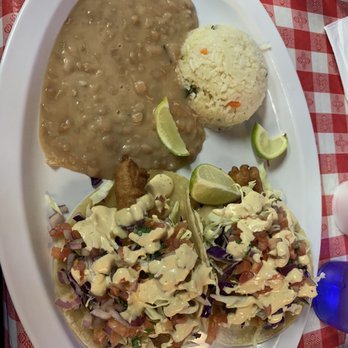 Los Mariscos - Two fish tacos with a side of rice and beans - Mexican Near Me - Fresno, California Los Mariscos - Two fish tacos with a side of rice and beans - Mexican Near Me - Fresno, California