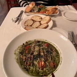 Michael’s - Angel hair prosciutto pasta and mushrooms And Swiss burger.