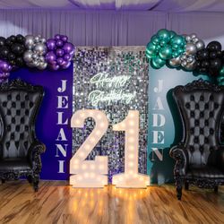 Unique Touch Event Center - 21st Twin Birthday Custom Backdrop with Black Throne Chairs