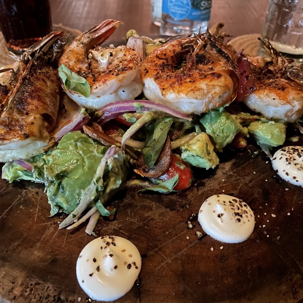 Loco Tulum - Grilled prawns over rustic "guacamole" - Mediterranean Near Me - Tulum, ROO Loco Tulum - Grilled prawns over rustic "guacamole" - Mediterranean Near Me - Tulum, ROO