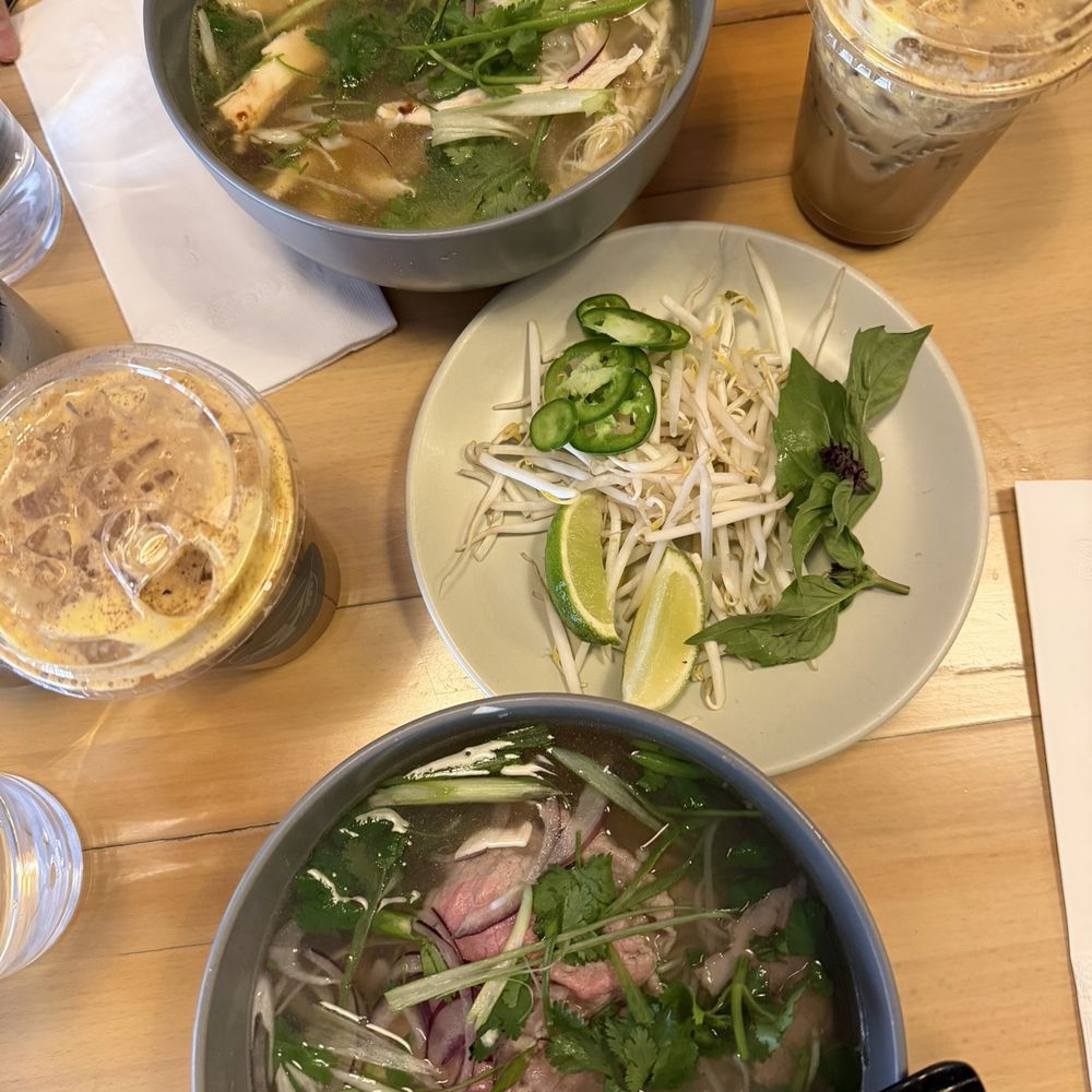 House Beef Pho and House Chicken Pho with two Egg Cream Iced Coffees House Beef Pho and House Chicken Pho with two Egg Cream Iced Coffees