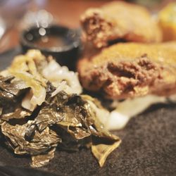 Dublin 4 Gastropub - Fabled Fried Chicken. Thick battered chicken with spectacular jalapeño cheddar cornbread, potato purée, and smoked bacon collard greens.