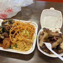 Half chow Mein, half fried rice. Orange chicken and japaleno chicken.