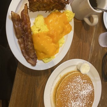 Honey's Farm Fresh - Pancakes, bacon, latke, and scrambled eggs with cheese. - American Near Me - Lewes, Delaware Honey's Farm Fresh - Pancakes, bacon, latke, and scrambled eggs with cheese. - American Near Me - Lewes, Delaware