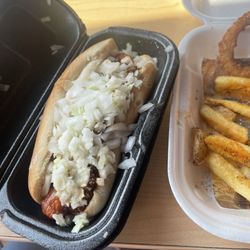 Hotdog with cheese, chili and slaw