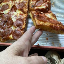 Jet's Pizza - 8 piece Detroit style deep dish pepperoni with garlic butter on crust it is so good ( I'm addicted )